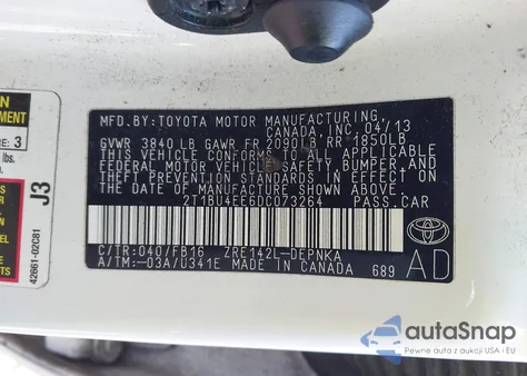 2013 Toyota Corolla Le z USA, uszkodzony, nr VIN 2T1BU4EE6DC073264